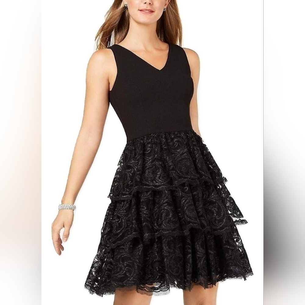 JULIA Jordan Black Lace Floral Tiered Sleeveless Cocktail Dress Size 4